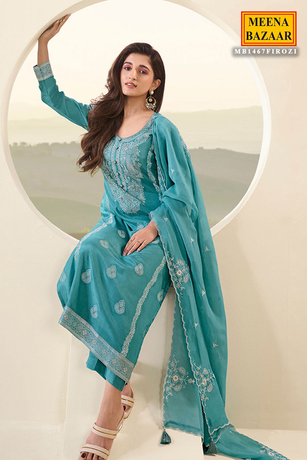 Firozi Zari Muslin Suit Set with Neck Embroidery