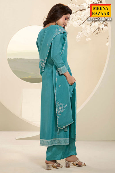 Firozi Zari Muslin Suit Set with Neck Embroidery