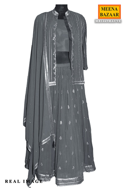 Dark Grey Georgette Sequins and Threadwork Embroidered Jacket Bustier and Skirt Lehenga Set