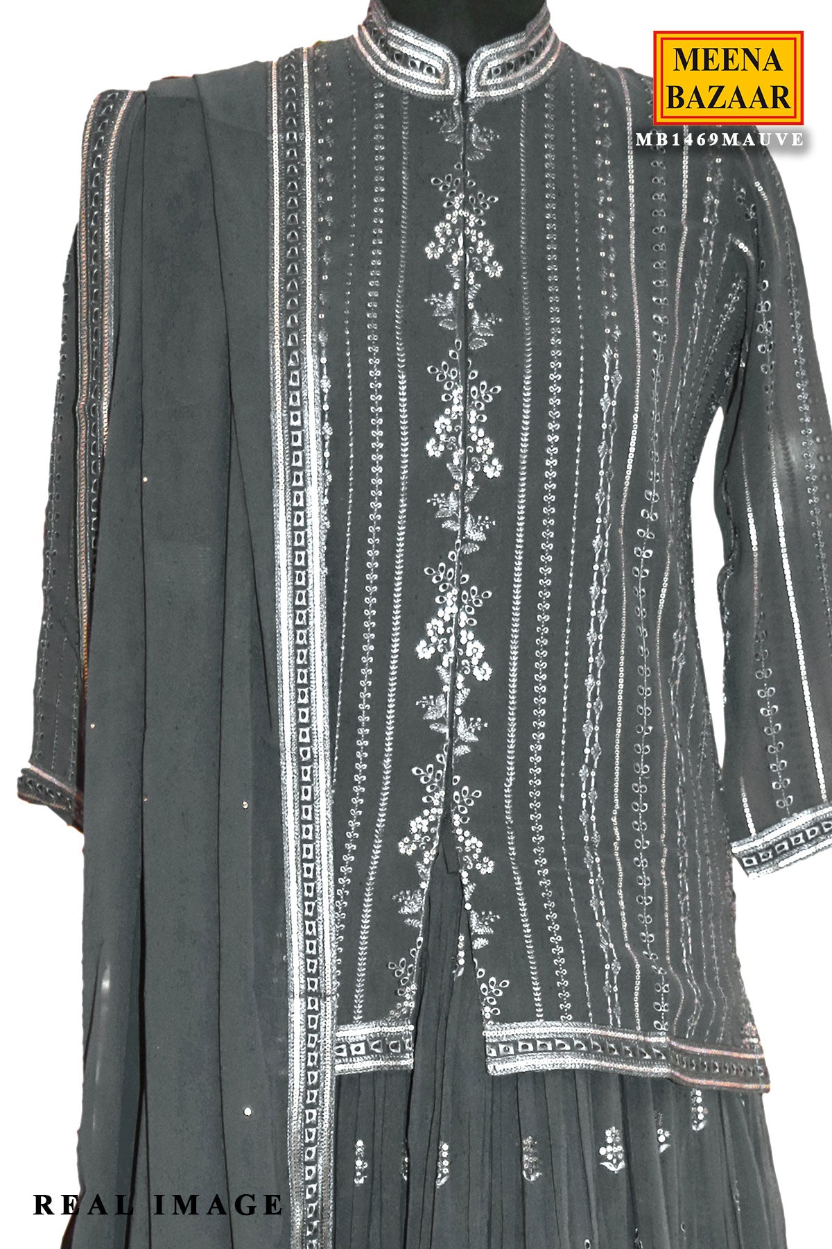 Dark Grey Georgette Sequins and Threadwork Embroidered Jacket Bustier and Skirt Lehenga Set