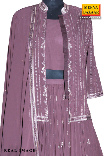 Dark Mauve Georgette Sequins and Threadwork Embroidered Jacket Bustier and Skirt Lehenga Set