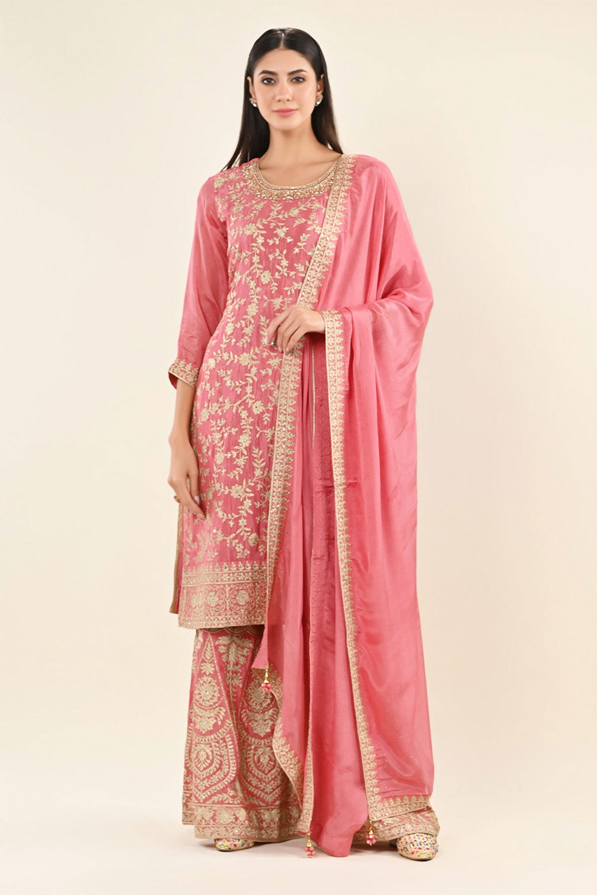 Gajari Crepe Silk Zari Embroidered Sharara Suit Set