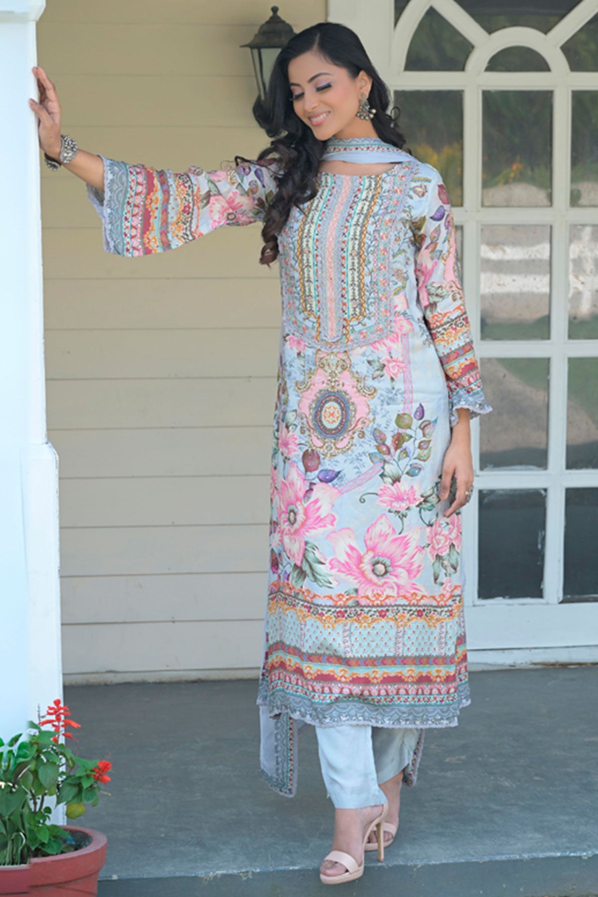 Grey Glace Cotton Floral Printed Lace Work Suit Set