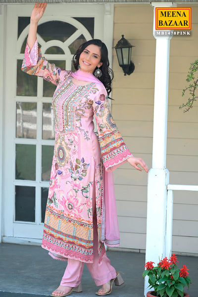 Pink Glace Cotton Floral Printed Lace Work Suit Set