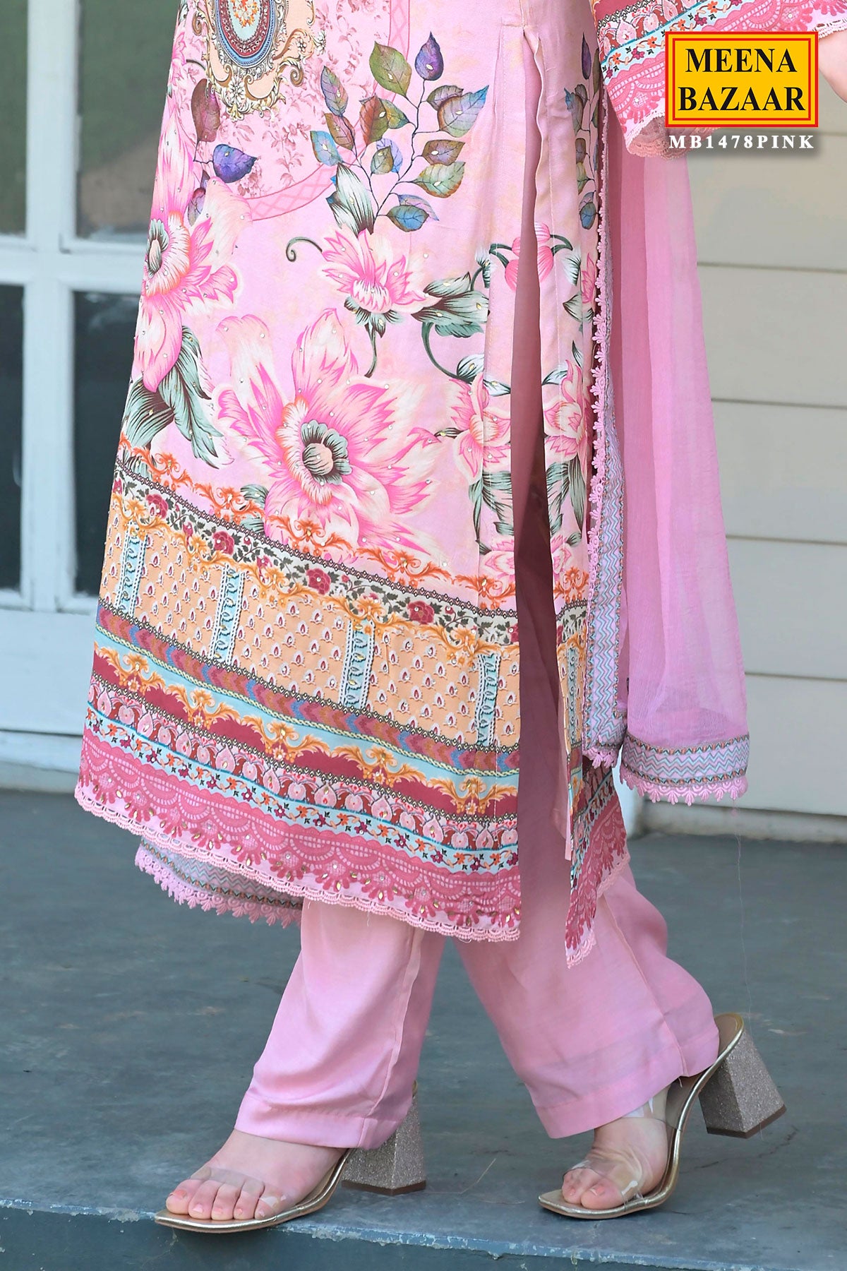 Pink Glace Cotton Floral Printed Lace Work Suit Set