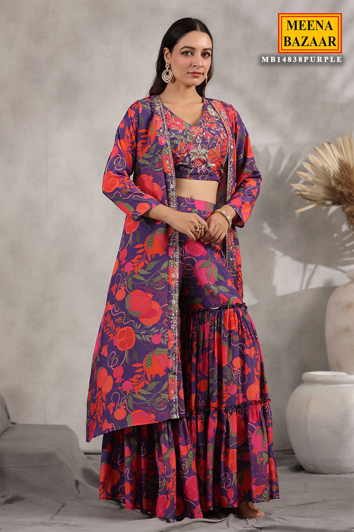 Purple and Orange Crepe Embroidered Bustier-Sharara Co-ord Set with Cape