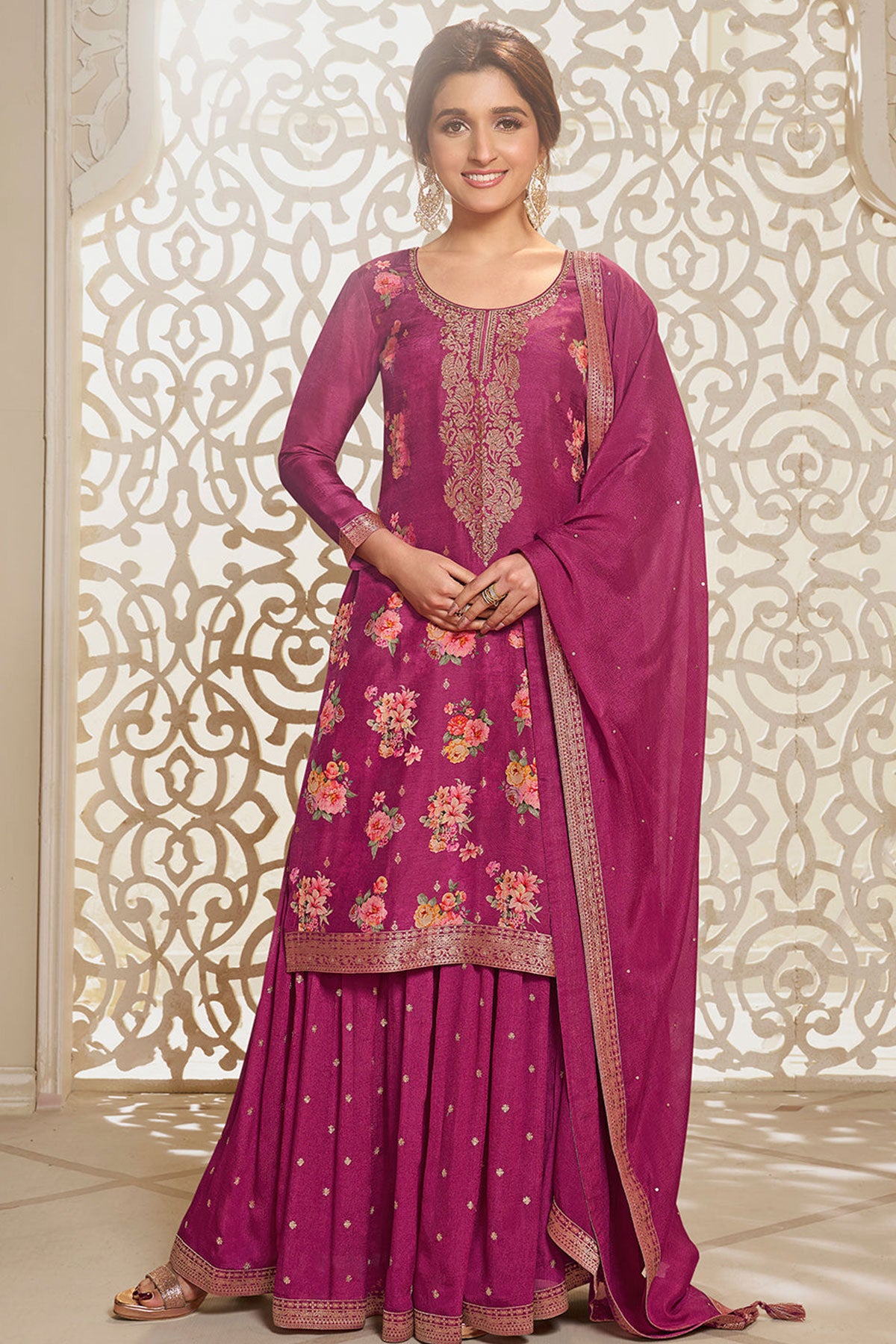 Hot Pink Dola Silk Zari Embroidered Floral Printed Suit Set