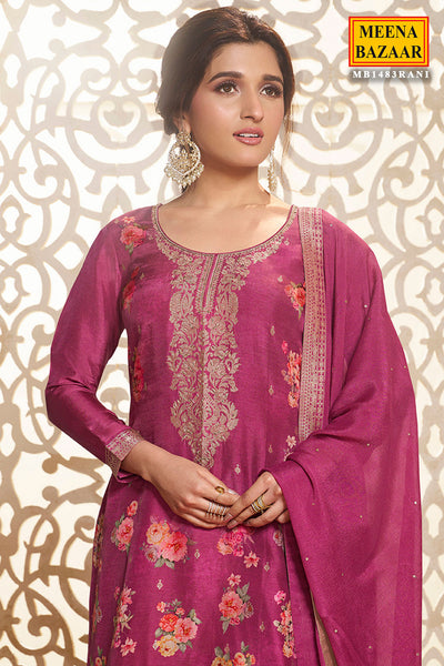 Hot Pink Dola Silk Zari Embroidered Floral Printed Suit Set