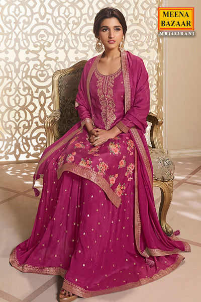 Hot Pink Dola Silk Zari Embroidered Floral Printed Suit Set