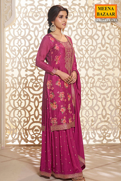 Hot Pink Dola Silk Zari Embroidered Floral Printed Suit Set