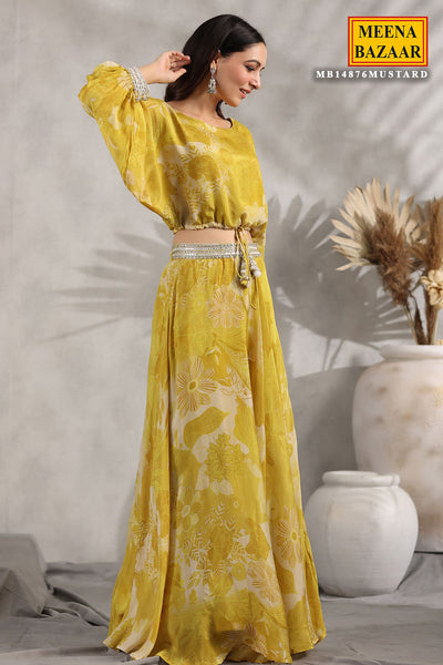 Mustard Chinon Floral Printed Mirror Embroidered Bustier and  Skirt Set