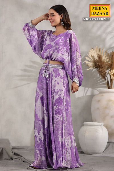Purple Chinon Floral Printed Mirror Embroidered Bustier and  Skirt Set