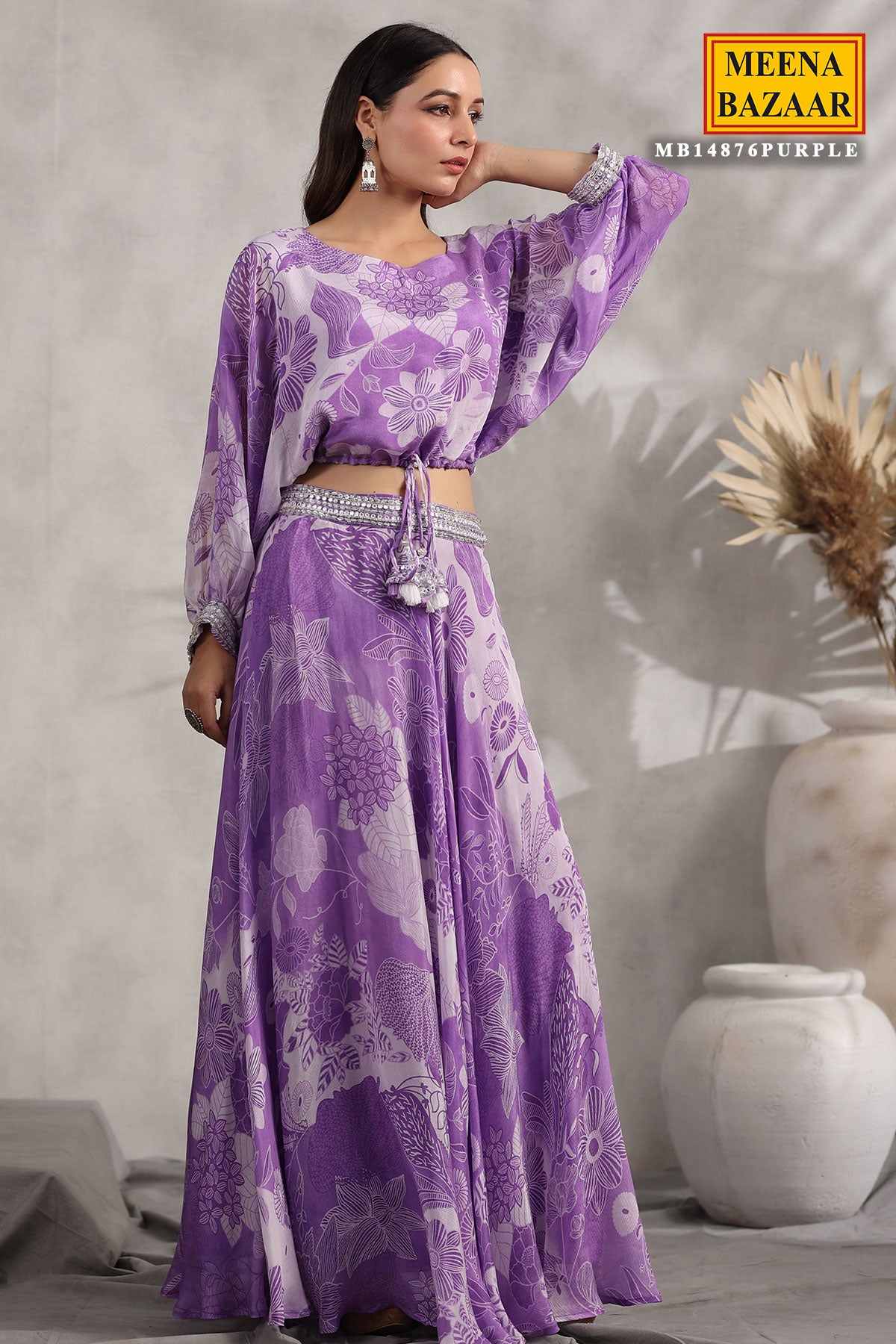 Purple Chinon Floral Printed Mirror Embroidered Bustier and  Skirt Set