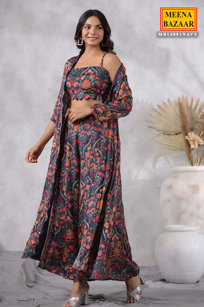 Navy Floral Printed Chinon Cutdana and Sequins Embroidered 3-Piece Co-ord Set