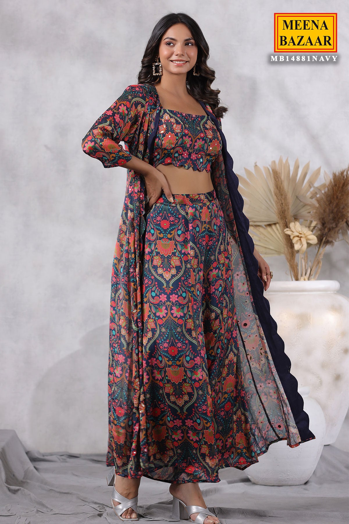 Navy Floral Printed Chinon Cutdana and Sequins Embroidered 3-Piece Co-ord Set