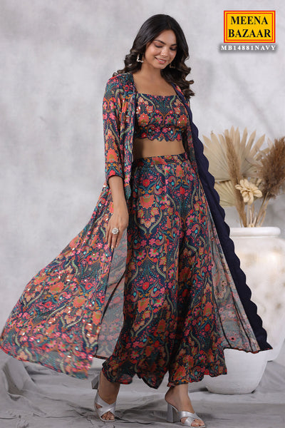 Navy Floral Printed Chinon Cutdana and Sequins Embroidered 3-Piece Co-ord Set