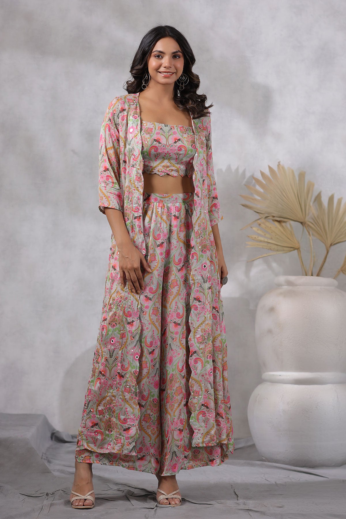 Tussar Floral Printed Chinon Cutdana and Sequins Embroidered 3-Piece Co-ord Set