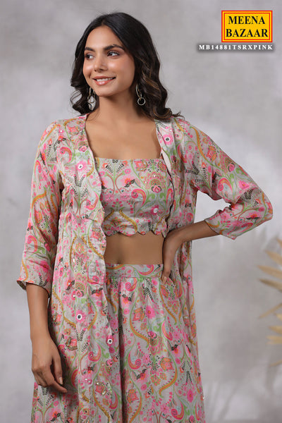 Tussar Floral Printed Chinon Cutdana and Sequins Embroidered 3-Piece Co-ord Set