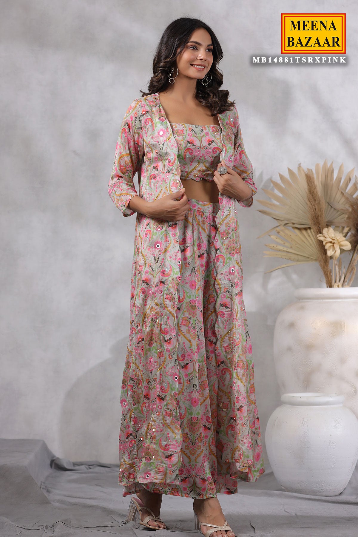 Tussar Floral Printed Chinon Cutdana and Sequins Embroidered 3-Piece Co-ord Set