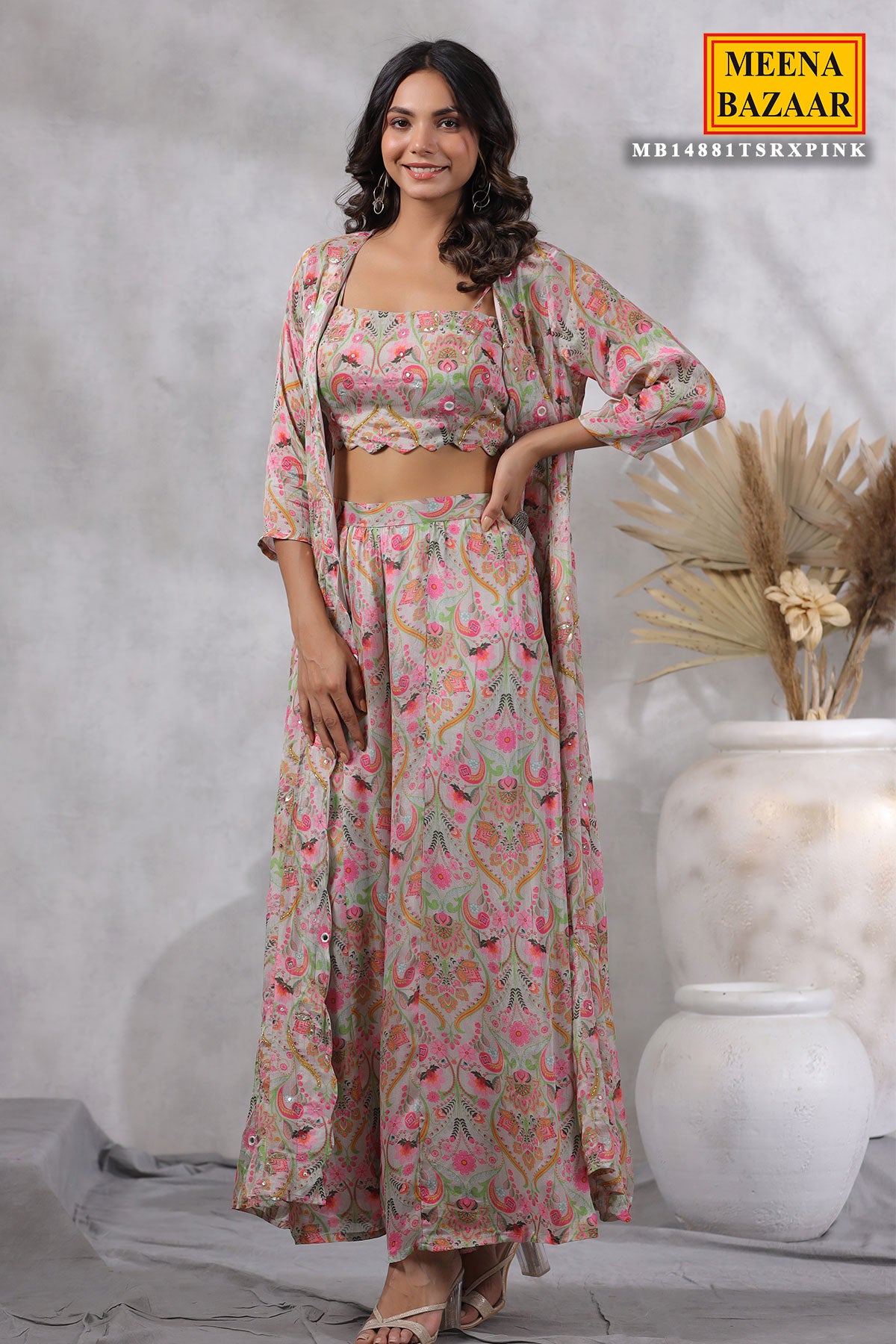 Tussar Floral Printed Chinon Cutdana and Sequins Embroidered 3-Piece Co-ord Set