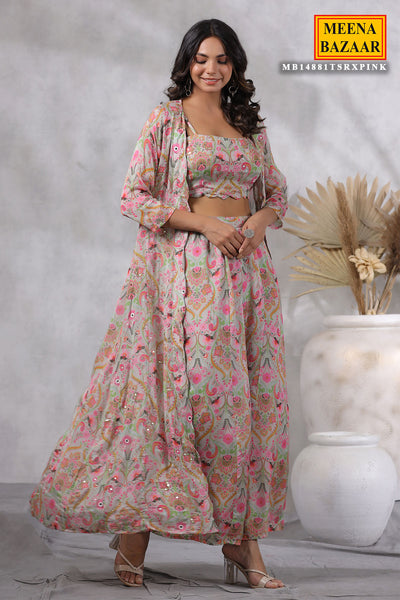 Tussar Floral Printed Chinon Cutdana and Sequins Embroidered 3-Piece Co-ord Set