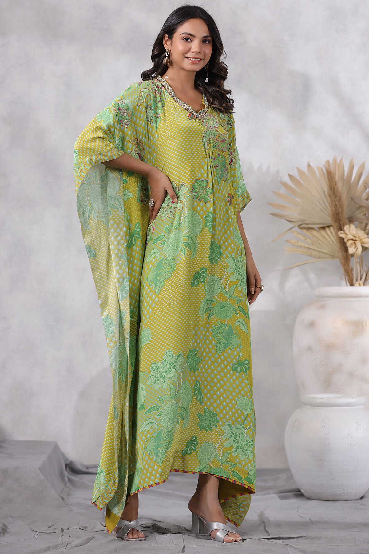 Mehendi Crepe Cut-dana Embroidered Kaftan