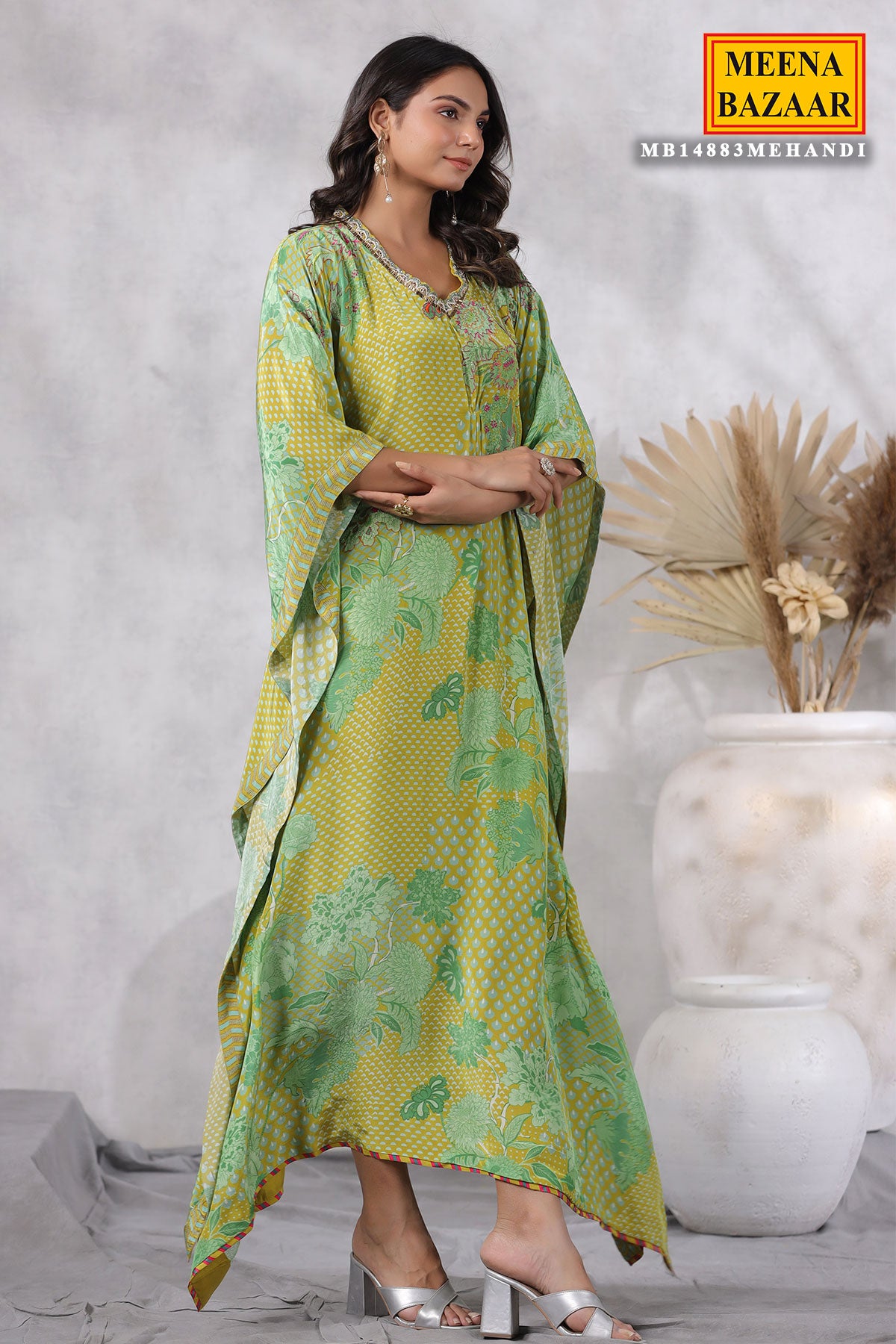 Mehendi Crepe Cut-dana Embroidered Kaftan