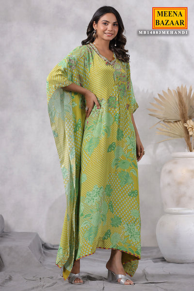 Mehendi Crepe Cut-dana Embroidered Kaftan