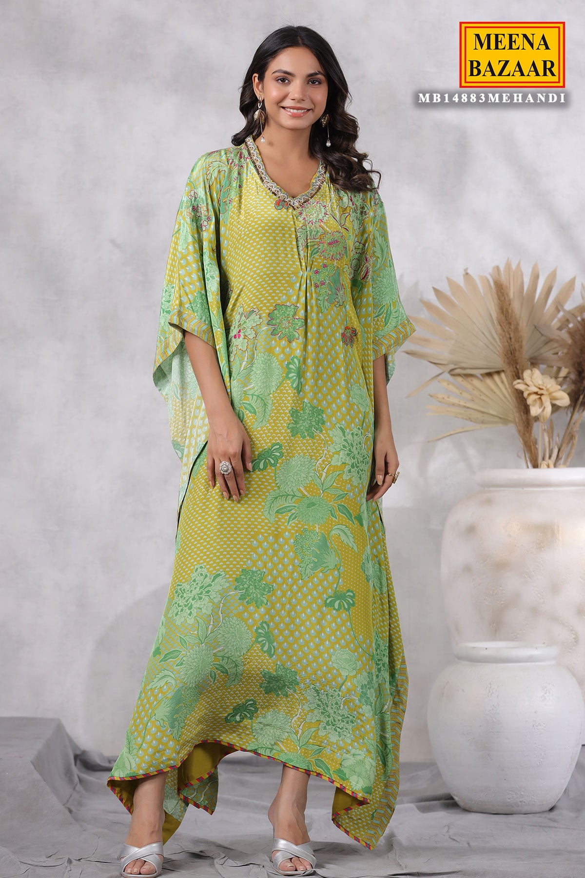 Mehendi Crepe Cut-dana Embroidered Kaftan