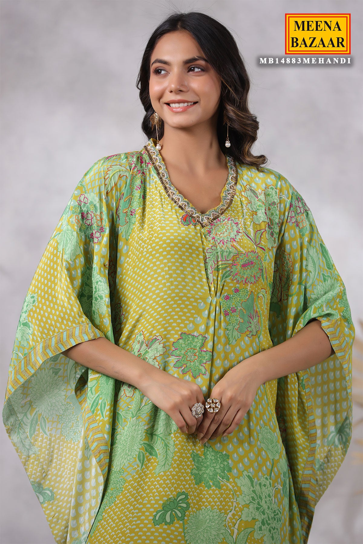 Mehendi Crepe Cut-dana Embroidered Kaftan