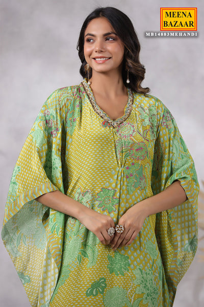 Mehendi Crepe Cut-dana Embroidered Kaftan