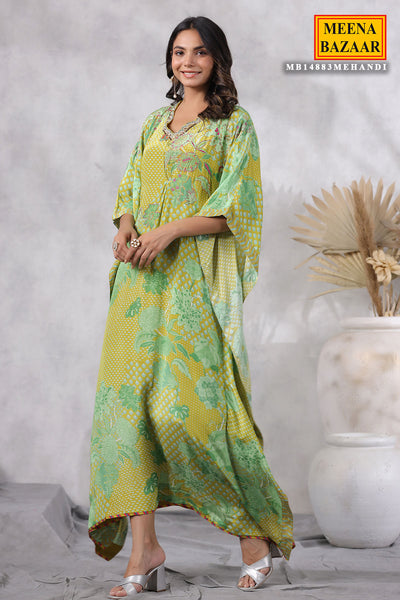 Mehendi Crepe Cut-dana Embroidered Kaftan