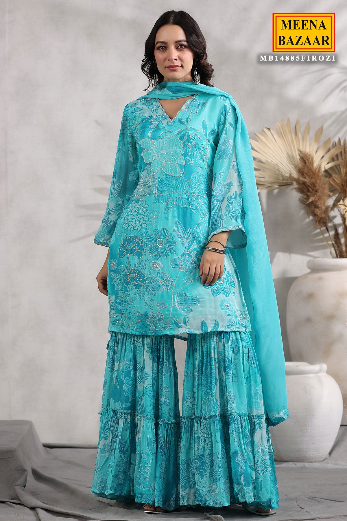 Firozi Chinon Floral Printed Embroidered Sharara Suit