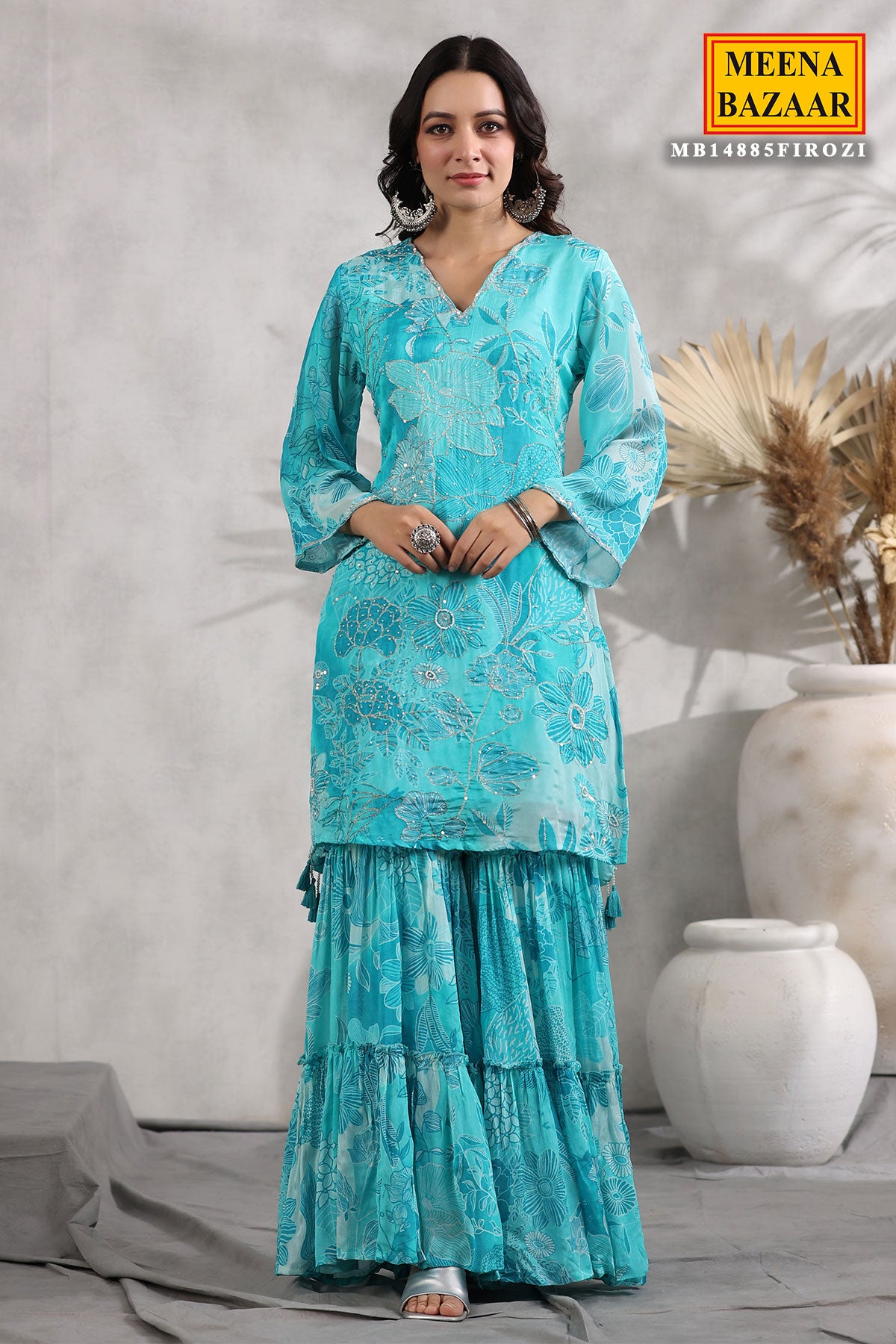 Firozi Chinon Floral Printed Embroidered Sharara Suit