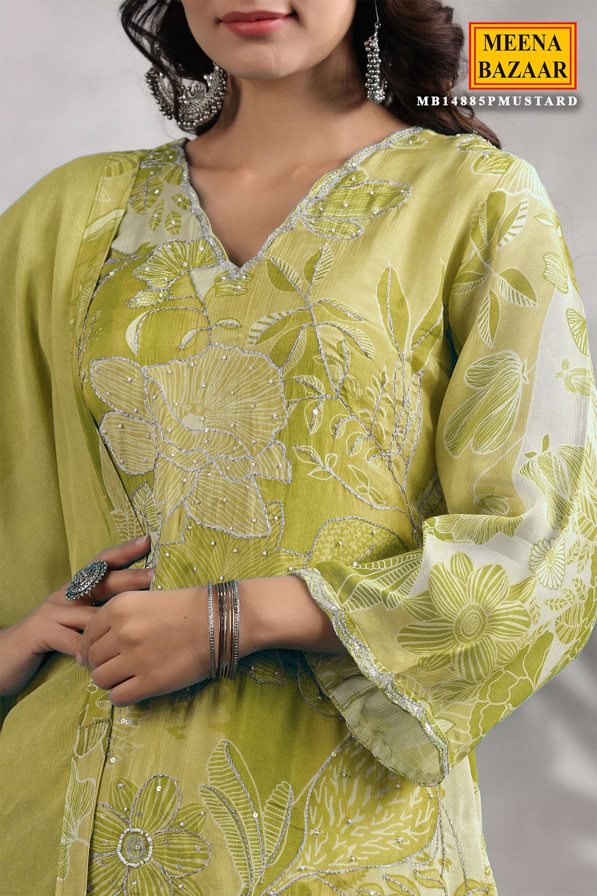 Mustard Chinon Floral Printed Embroidered Sharara Suit