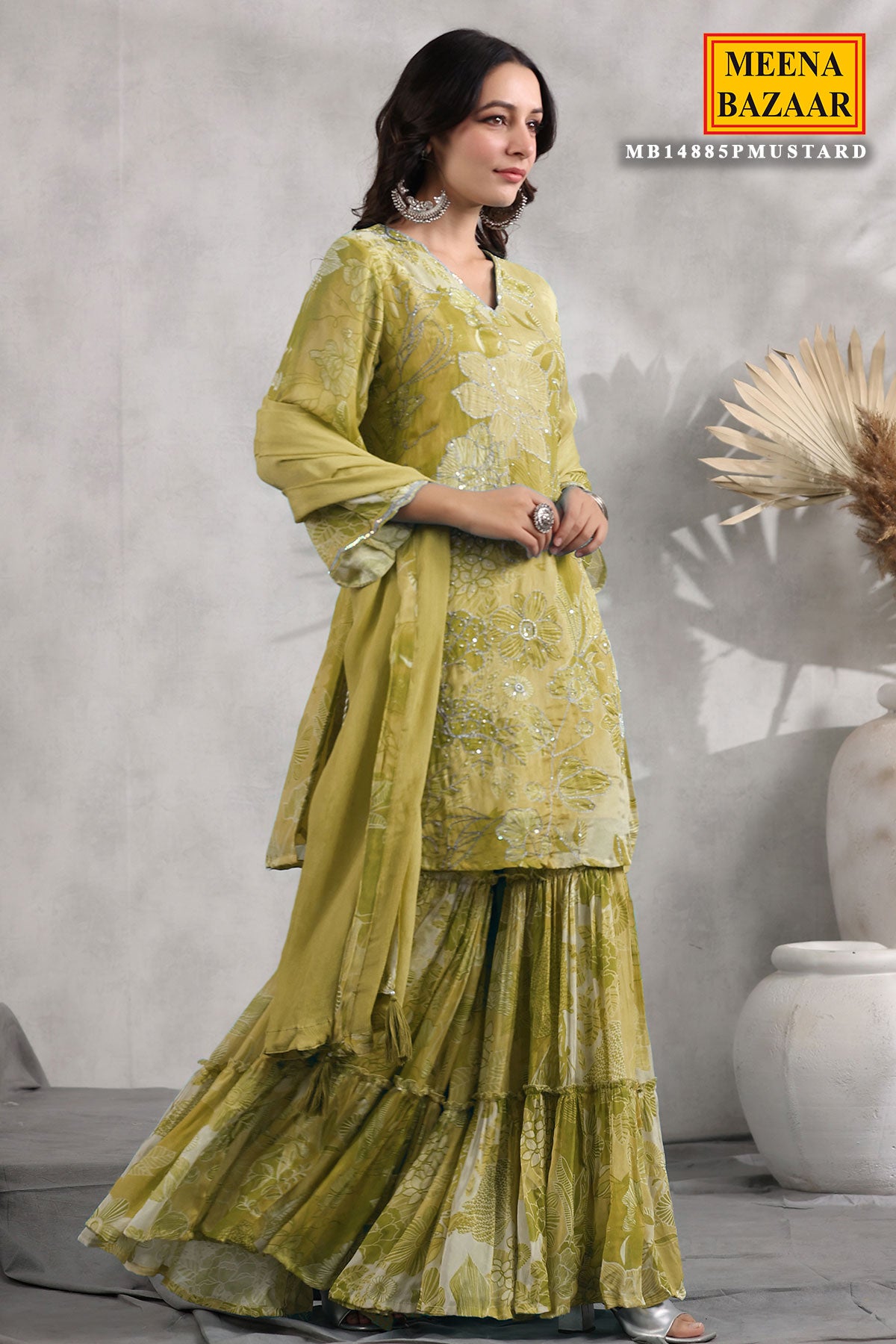 Mustard Chinon Floral Printed Embroidered Sharara Suit