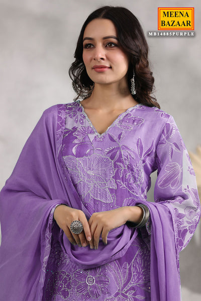 Purple Chinon Floral Printed Embroidered Sharara Suit