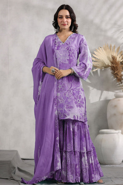 Purple Chinon Floral Printed Embroidered Sharara Suit
