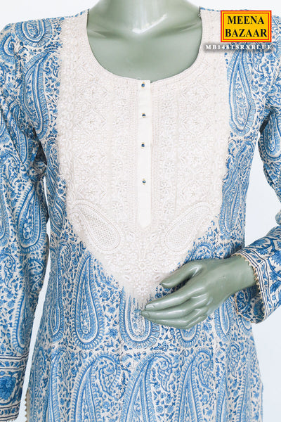 Blue Cotton Printed Suit with Thread Embroidered Neckline