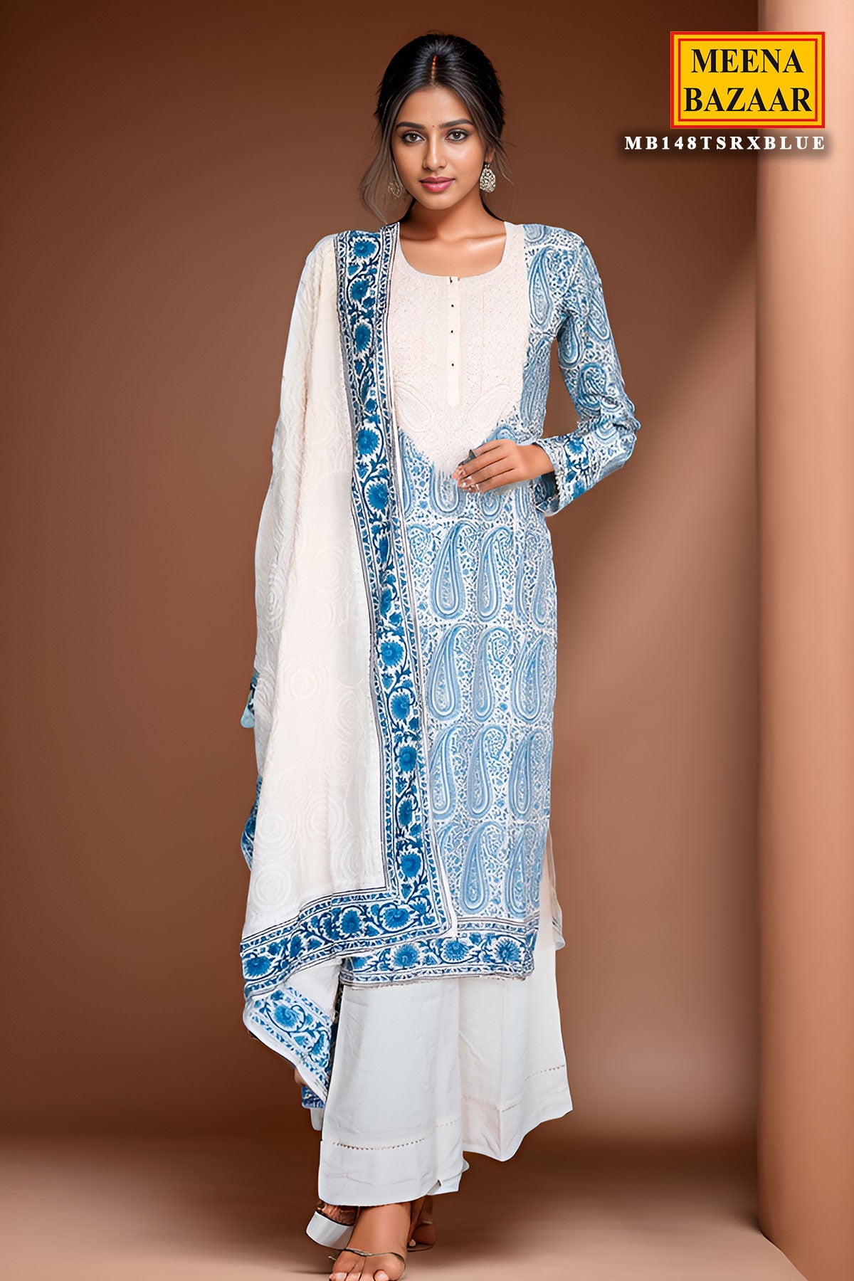 Blue Cotton Printed Suit with Thread Embroidered Neckline