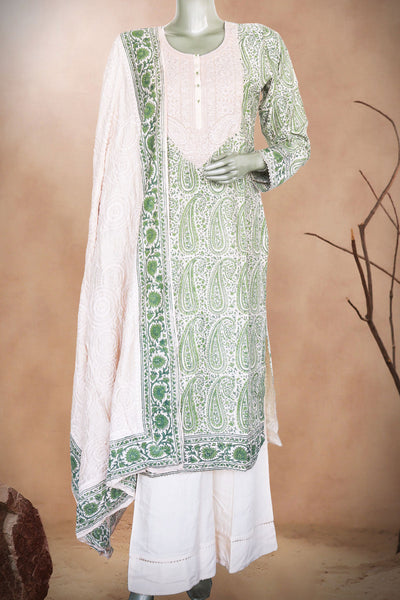 Green Cotton Printed Suit with Thread Embroidered Neckline