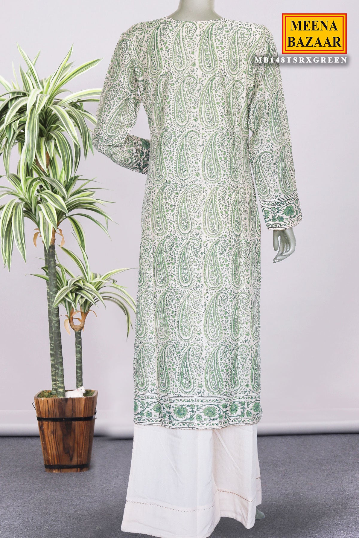 Green Cotton Printed Suit with Thread Embroidered Neckline