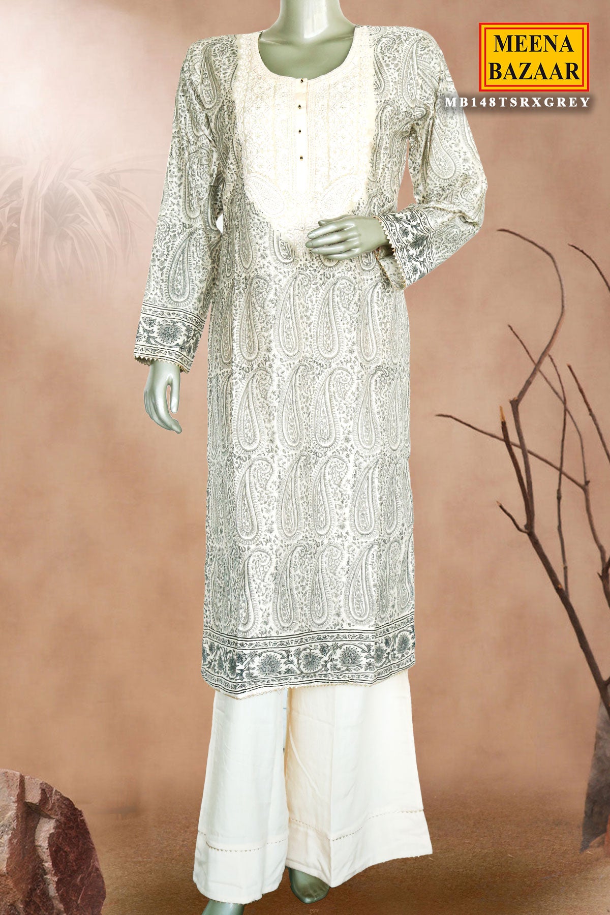 Grey Cotton Printed Suit with Thread Embroidered Neckline