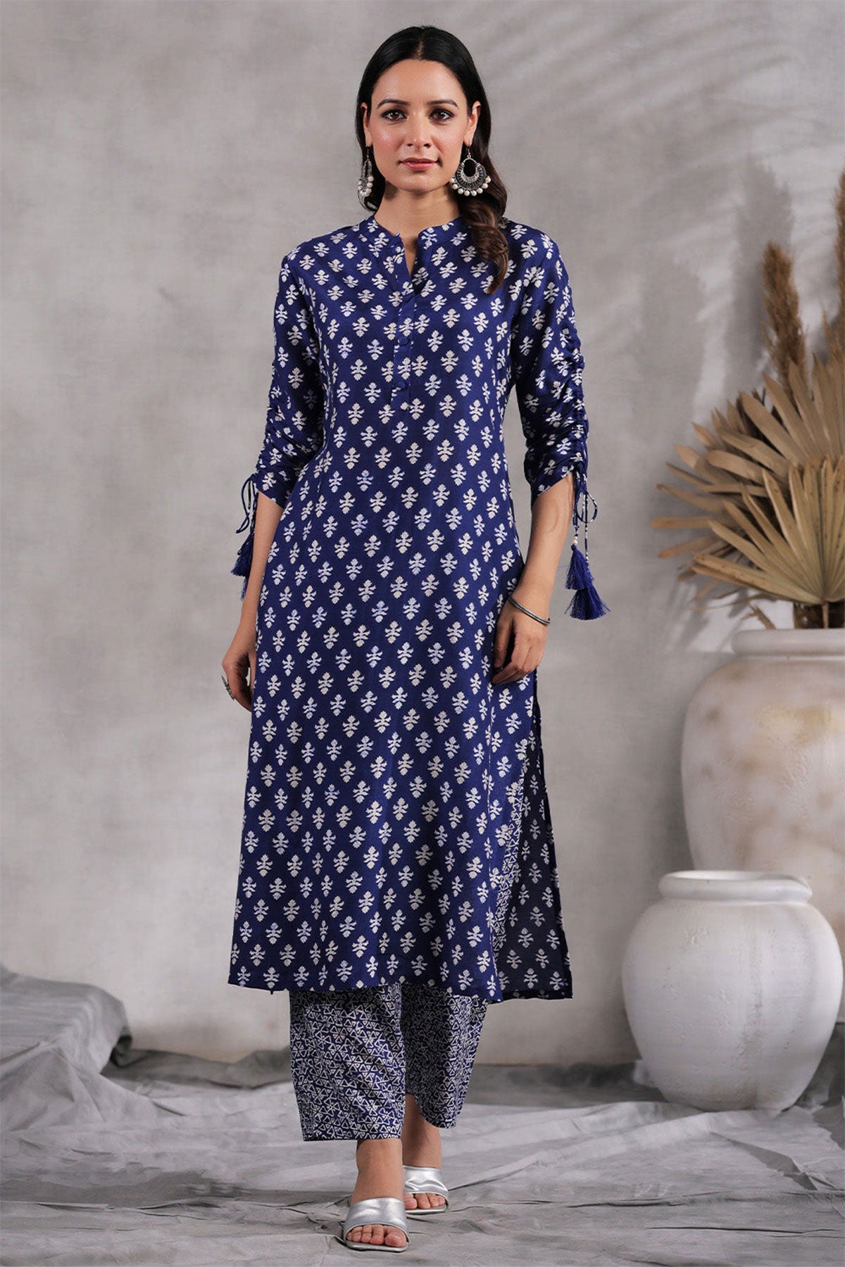 Blue Muslin Printed Kurti Pant Set