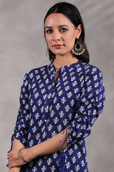 Blue Muslin Printed Kurti Pant Set