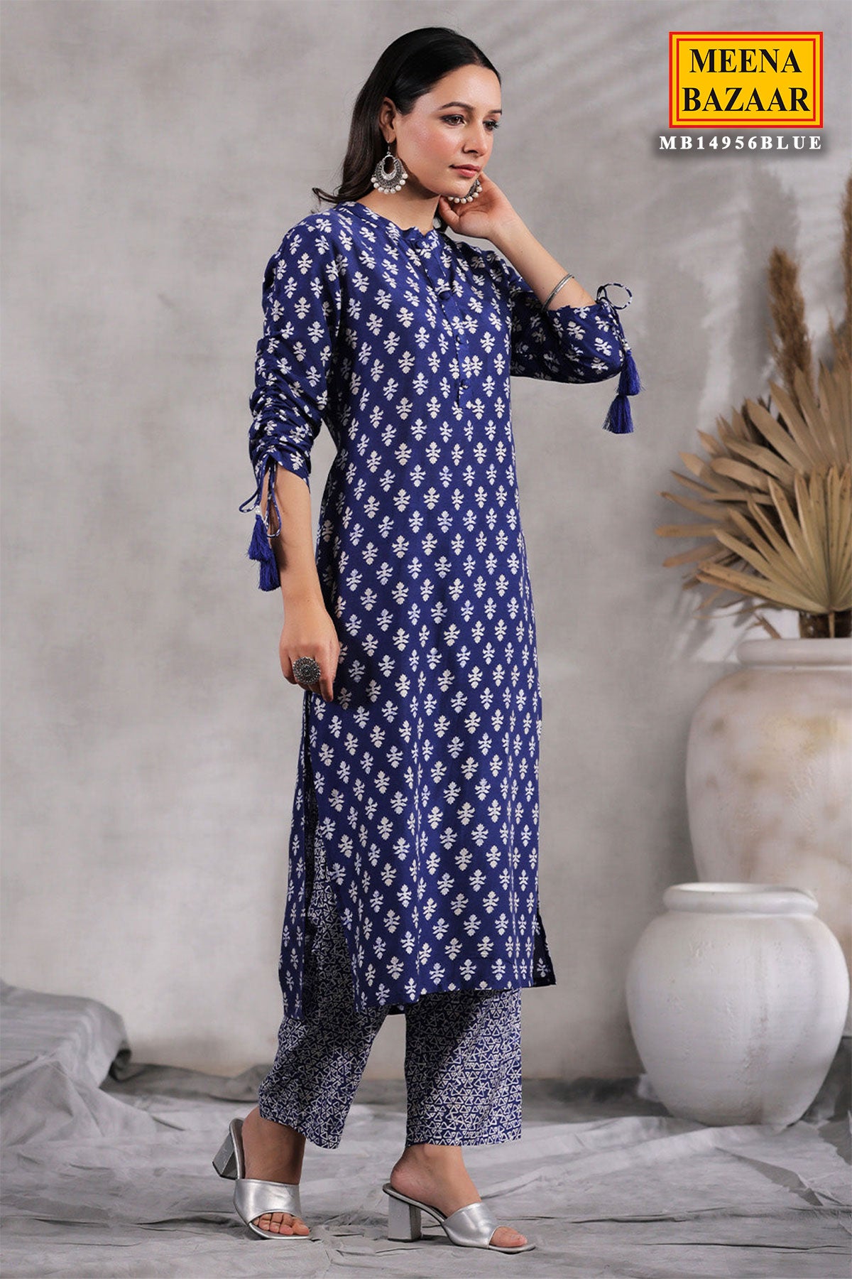 Blue Muslin Printed Kurti Pant Set