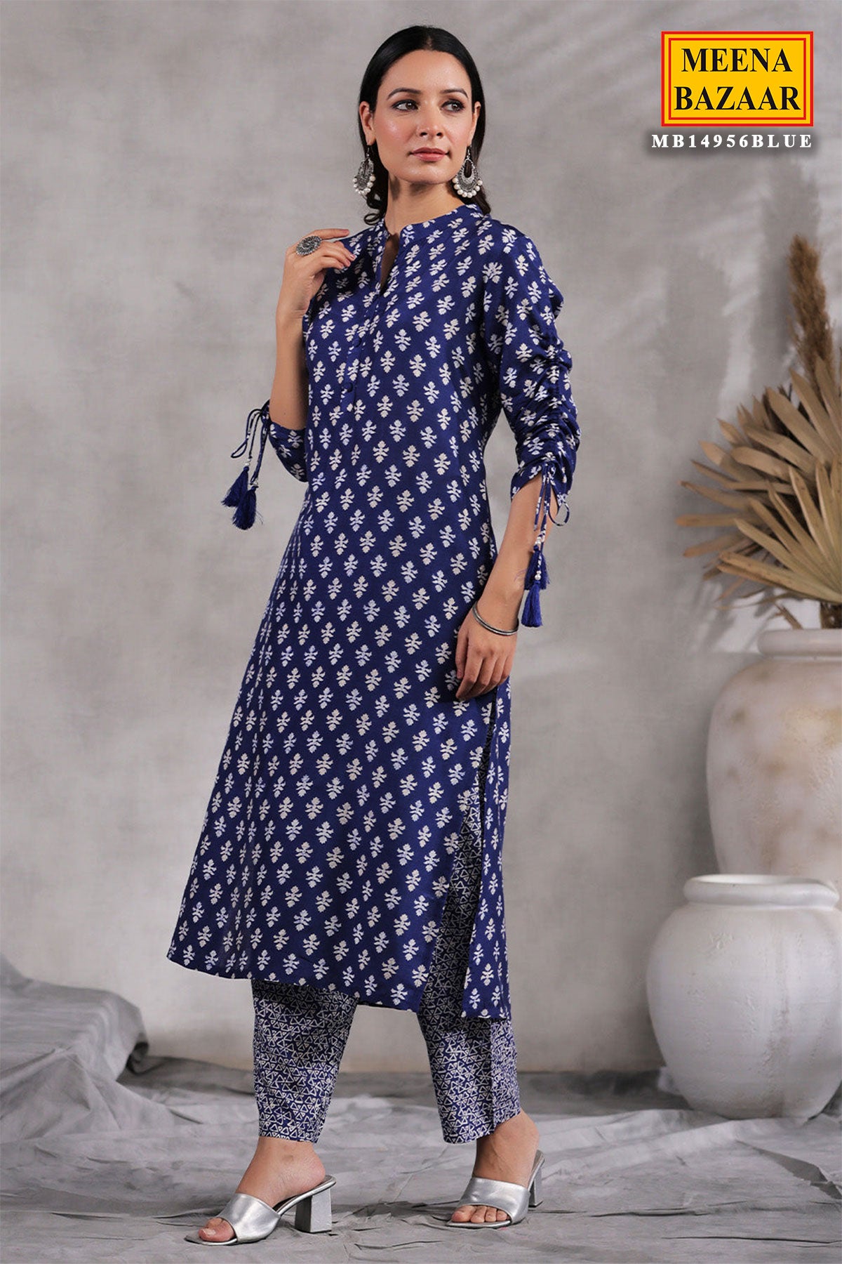 Blue Muslin Printed Kurti Pant Set