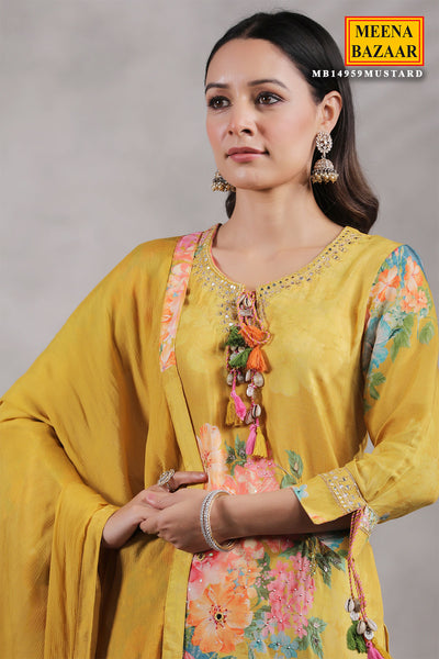 Mustard Crepe Floral Printed Embroidered Sharara Suit