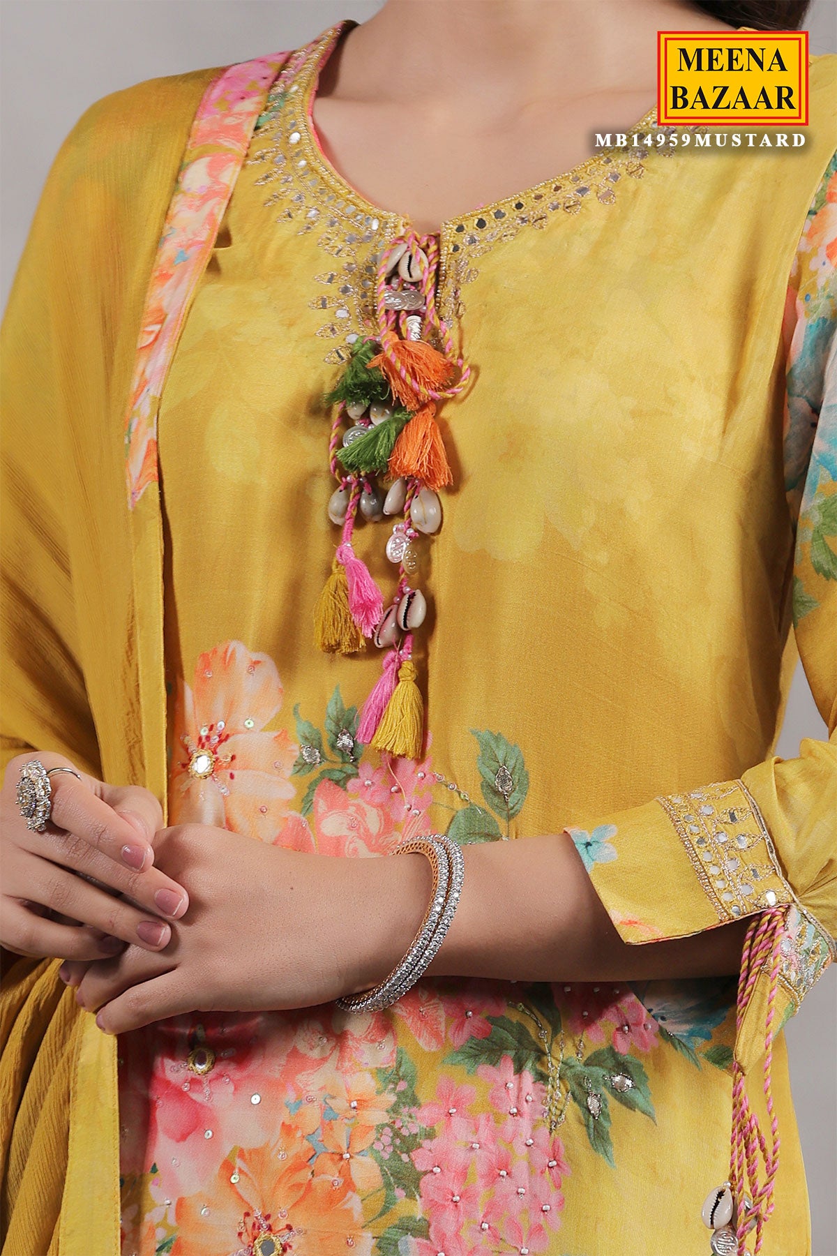 Mustard Crepe Floral Printed Embroidered Sharara Suit