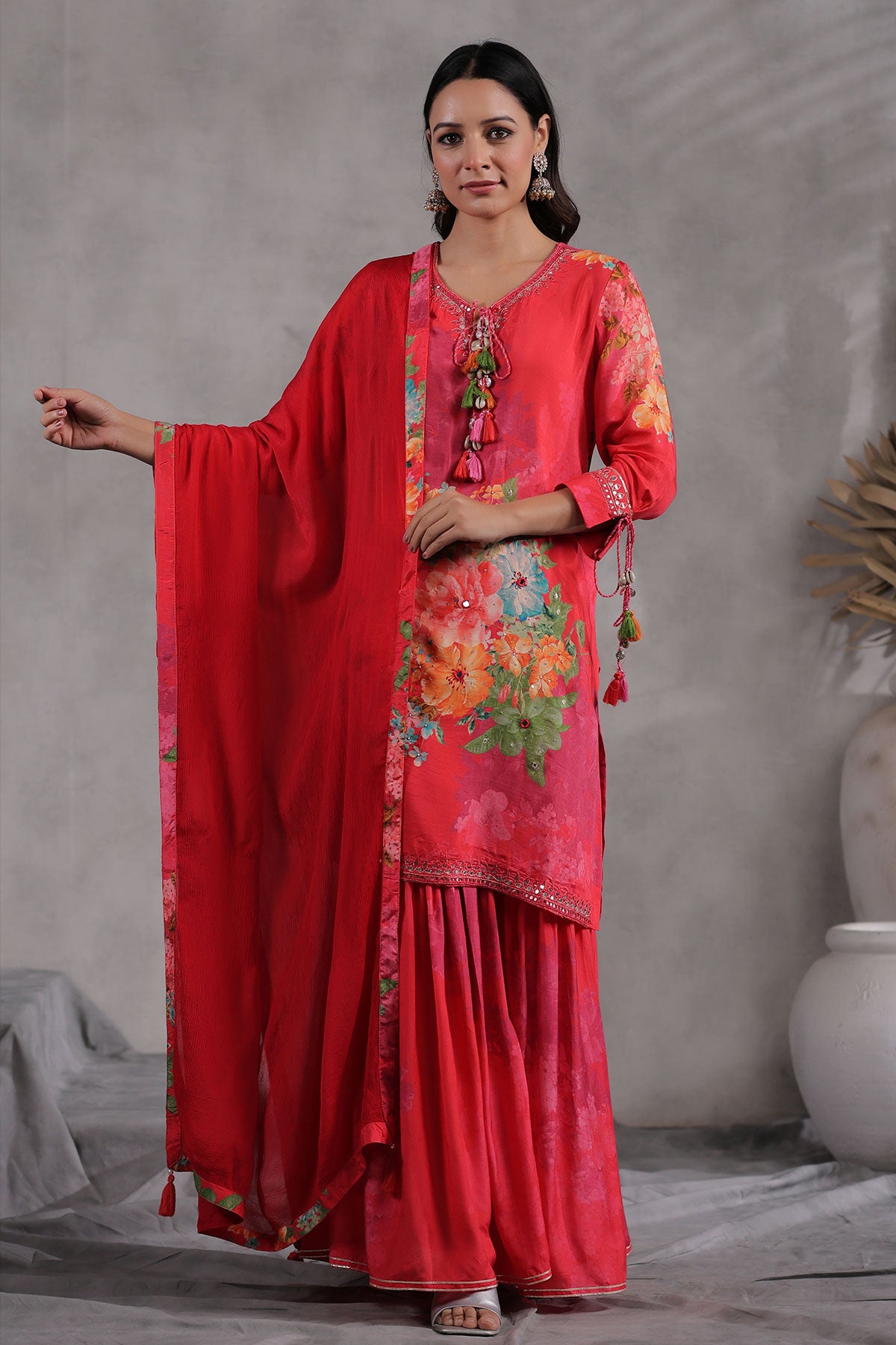 Rani Crepe Floral Printed Embroidered Sharara Suit